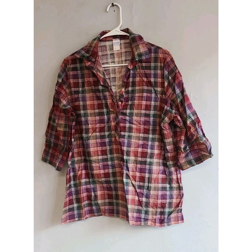 Vintage 1970s women's 18 large plaid flannel henley dhirt dark red/purple/green